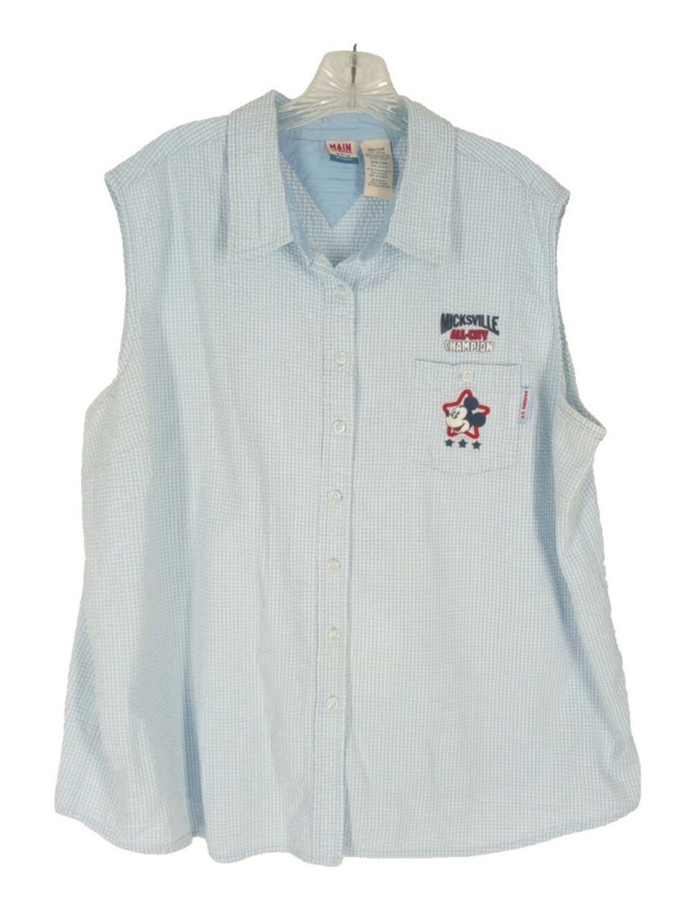 Vtg Disney Main Street Mickey Mouse Top 26/28 W Blue Seersucker Sleeveless